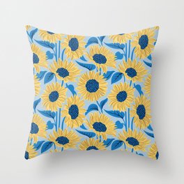 Sun-kissed sunflowers // fog blue background yellow flowers bluebell blue leaves Throw Pillow