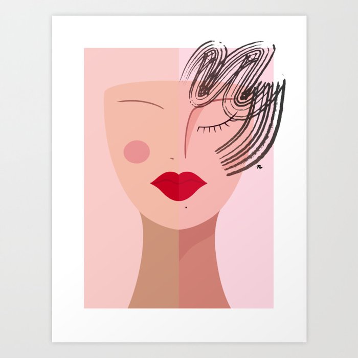 Old Hollywood Inspired Female Glam Face With Red Lipstick And Pink Background Art Print
