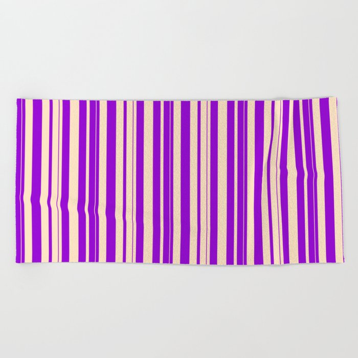 Bisque and Dark Violet Colored Lined/Striped Pattern Beach Towel