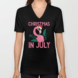 Christmas in july pink flamingo with santa hat V Neck T Shirt