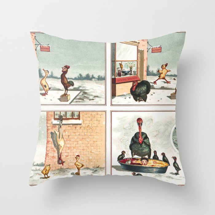 Christmas Card Depicting Turkey and Chicken Throw Pillow