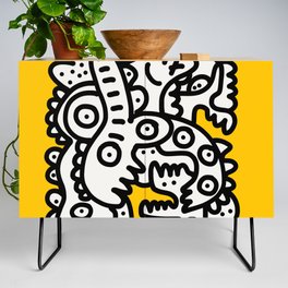 Black and White Cool Monsters Graffiti on Yellow Background Credenza