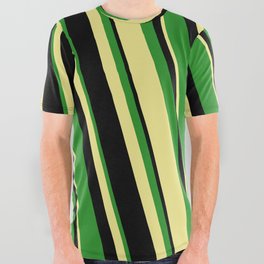 [ Thumbnail: Black, Forest Green, and Tan Colored Stripes Pattern All Over Graphic Tee ]
