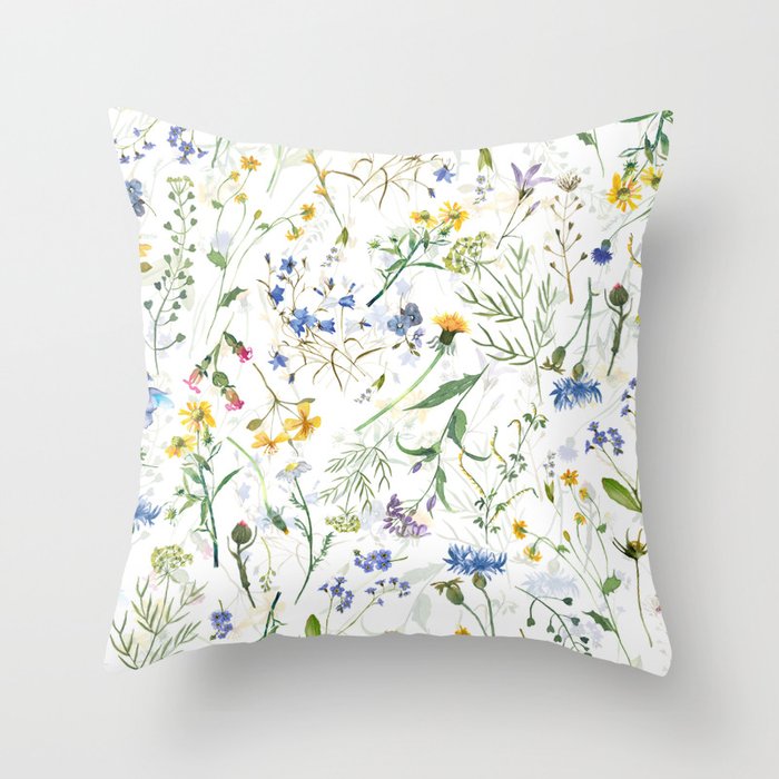 Scandinavian Midsummer Blue And Yellow Wildflowers Meadow  Throw Pillow
