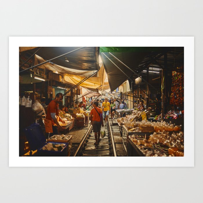 Boy walking through Maeklong Railway Market in Bangkok, Thailand Art Print