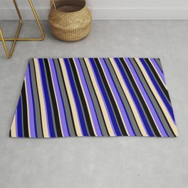 [ Thumbnail: Vibrant Dim Grey, Dark Blue, Medium Slate Blue, Tan & Black Colored Striped Pattern Rug ]