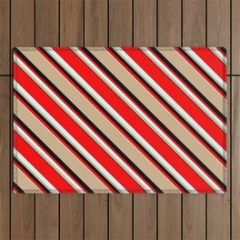 [ Thumbnail: Red, Light Cyan, Tan, and Black Colored Lines/Stripes Pattern Outdoor Rug ]