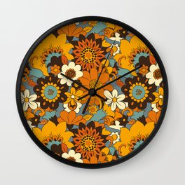 70s Retro Flower Power 60s floral Pattern Orange yellow Blue Wall Clock