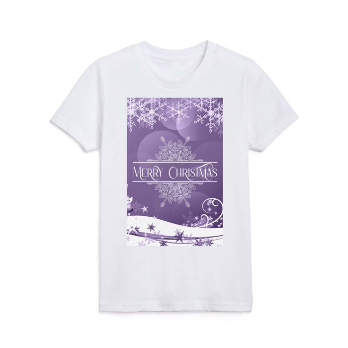 Merry Christmas, Christmas Tree, Snowflakes, Flowers and Stars on Purple Kids T Shirt