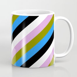 [ Thumbnail: Eye-catching Plum, Green, Blue, Black, and White Colored Stripes Pattern Coffee Mug ]