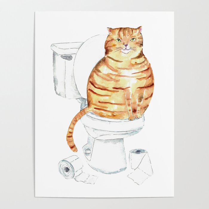 Orange Cat toilet Painting Wall Poster Watercolor Poster