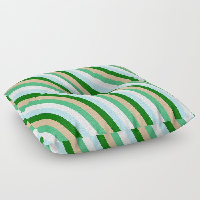 Eye-catching Tan, Sea Green, White, Powder Blue, and Dark Green Colored Pattern of Stripes Floor Pillow