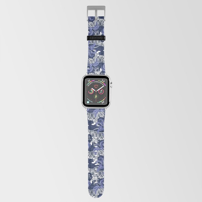 Tigers in a tiger lily garden // textured navy blue background light grey wild animals very peri flowers Apple Watch Band
