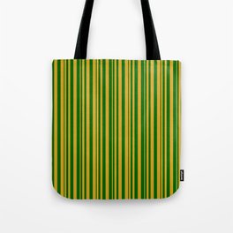 [ Thumbnail: Goldenrod and Dark Green Colored Stripes Pattern Tote Bag ]