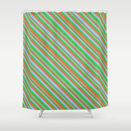[ Thumbnail: Lime Green, Red, and Light Sky Blue Colored Striped Pattern Shower Curtain ]