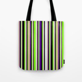[ Thumbnail: Eyecatching Indigo, Tan, Lavender, Green & Black Colored Lines/Stripes Pattern Tote Bag ]