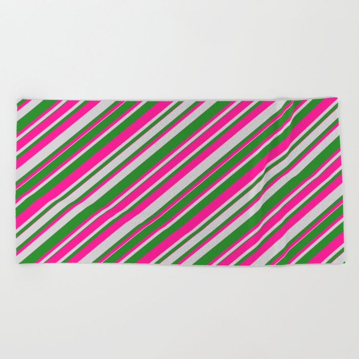 Deep Pink, Light Grey, and Forest Green Colored Lines Pattern Beach Towel