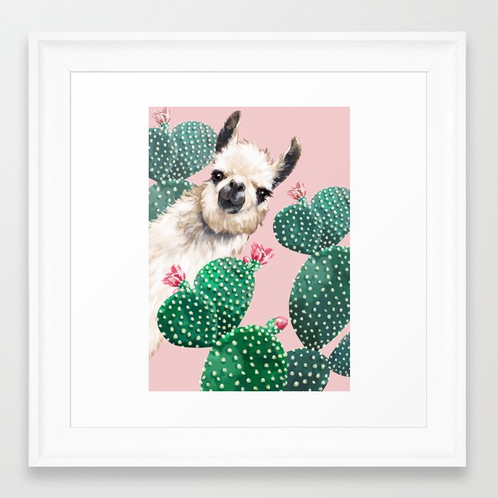 Llama and Cactus Pink Framed Art Print