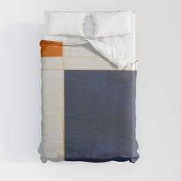 Orange, Blue And White With Golden Lines Abstract Painting Duvet Cover