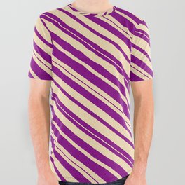[ Thumbnail: Purple & Tan Colored Lines/Stripes Pattern All Over Graphic Tee ]