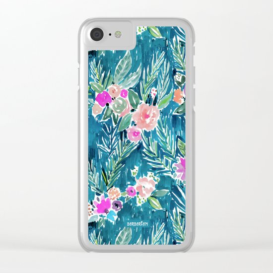 NAVY PARADISE FLORAL Tropical Hibiscus Palm Pattern Clear iPhone Case