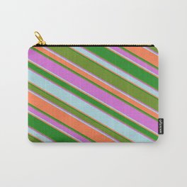 [ Thumbnail: Eyecatching Green, Orchid, Powder Blue, Coral & Forest Green Colored Lined Pattern Carry-All Pouch ]