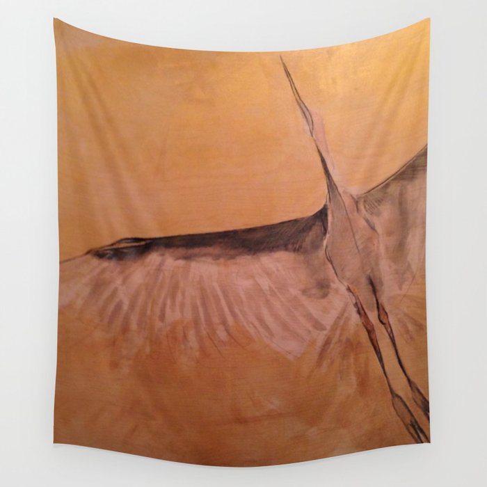 Wood Crane gold sky painting on wood Wall Tapestry