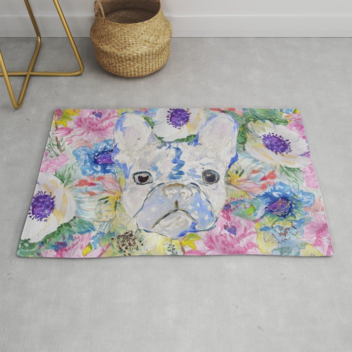 Abstract French Bulldog Floral Watercolor Paint Rug By Inovarts