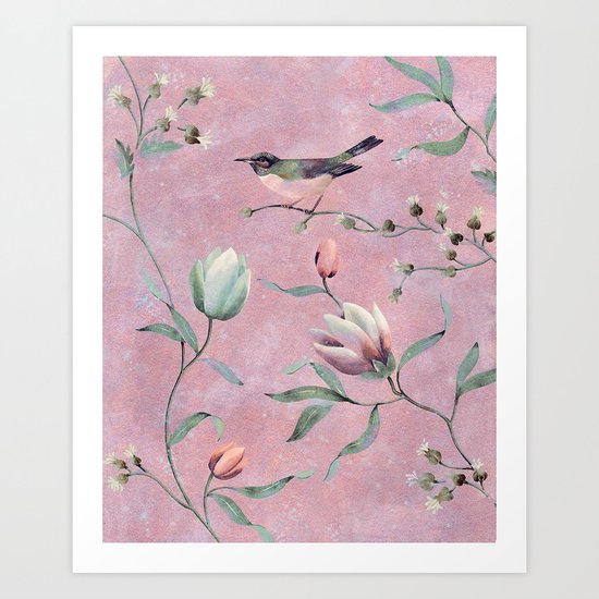 Bird on spring flowers Art Print