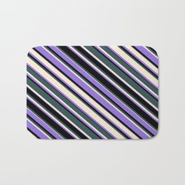 [ Thumbnail: Dark Slate Gray, Beige, Purple & Black Colored Lined Pattern Bath Mat ]