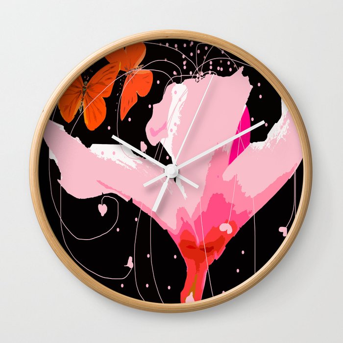 Creativity play - butterflies and flowers on a black background #decor #society6 #buyart Wall Clock