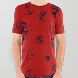 Red And Blue Silhouettes Of Vintage Nautical Pattern All Over Graphic Tee