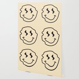 Wonky Smiley Face - Black and Cream Wallpaper