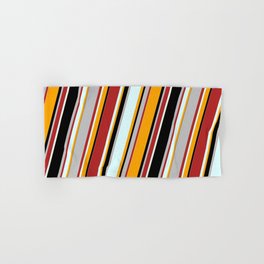 [ Thumbnail: Eyecatching Red, Light Cyan, Orange, Black, and Grey Colored Lines/Stripes Pattern Hand & Bath Towel ]