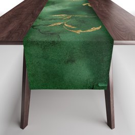 Winter Gold Flowers On Emerald Marble Texture Table Runner