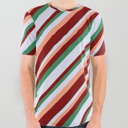 [ Thumbnail: Light Salmon, Maroon, Sea Green & Lavender Colored Lined/Striped Pattern All Over Graphic Tee ]