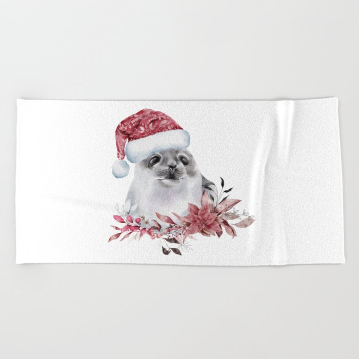 Christmas Baby Seal Watercolor Animal Beach Towel