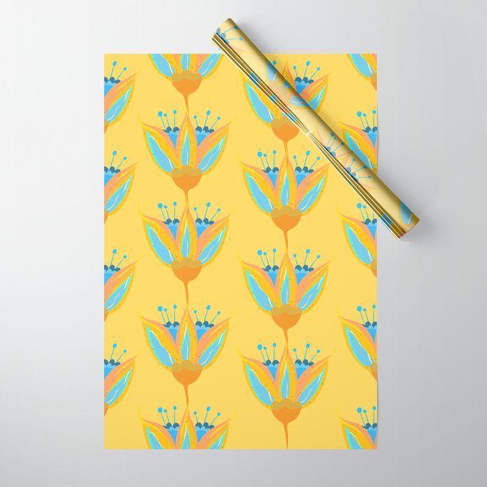 Abstract Colorful Floral Art Pattern in Turquoise and Yellow Wrapping Paper