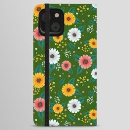 Colorful Spring Flowers Pattern in Green Background iPhone Wallet Case