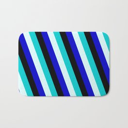 [ Thumbnail: Dark Turquoise, Light Cyan, Blue, and Black Colored Striped/Lined Pattern Bath Mat ]