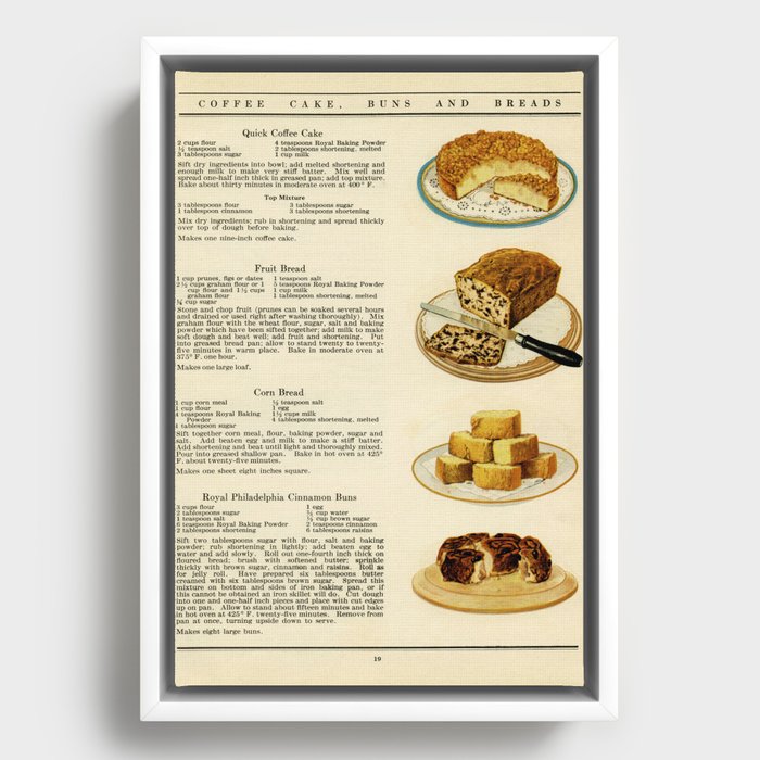 Vintage Cookbook Recipes Coffee Cake, Fruit Bread, and Cinnamon Buns  Framed Canvas