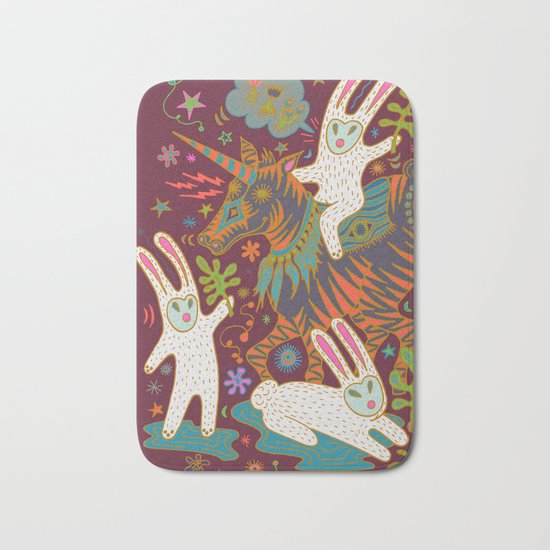 Three Rabbits and a Unicorn Bath Mat