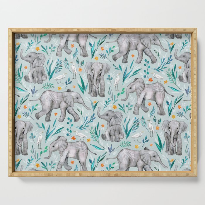 Baby Elephants and Egrets in Watercolor - egg shell blue Serving Tray