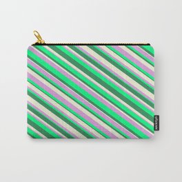 [ Thumbnail: Beige, Plum, Green, and Sea Green Colored Striped Pattern Carry-All Pouch ]