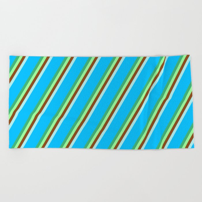 Eyecatching Sea Green, Green, Brown, Turquoise, and Deep Sky Blue Colored Lined Pattern Beach Towel