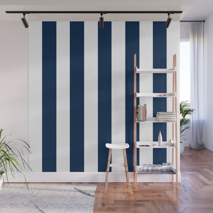 Oxford Blue Solid Color White Vertical Lines Pattern Wall Mural By Makeitcolorful Society6