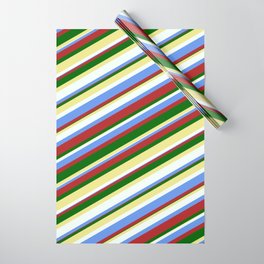 [ Thumbnail: Colorful Tan, Mint Cream, Cornflower Blue, Red, and Dark Green Colored Stripes Pattern Wrapping Paper ]