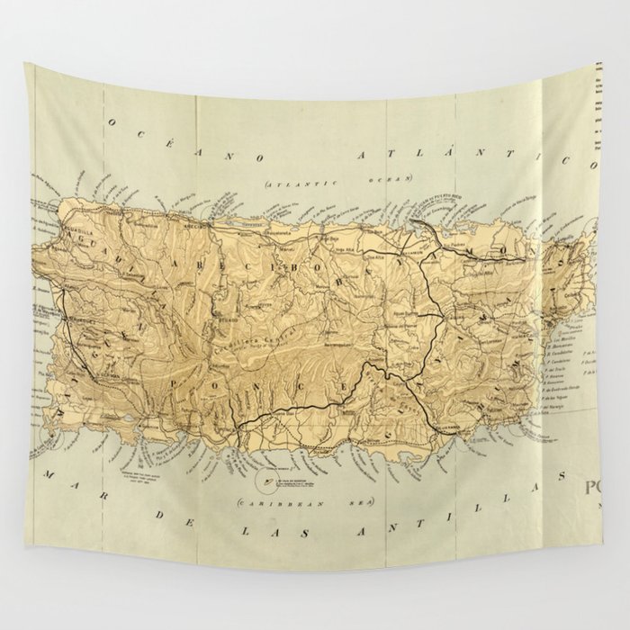 Vintage Map of Puerto Rico (1898) Wall Tapestry by BravuraMedia  Society6