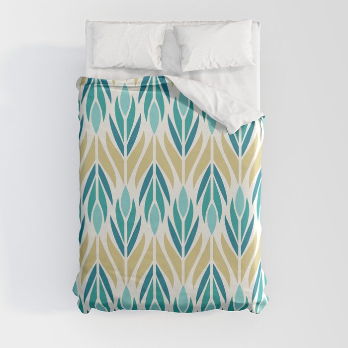 Mid Century Modern Abstract Floral Pattern in Turquoise Teal Aqua and Marigold Duvet Cover