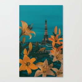 Lilies in bloom against the background of evening Paris. Canvas Print